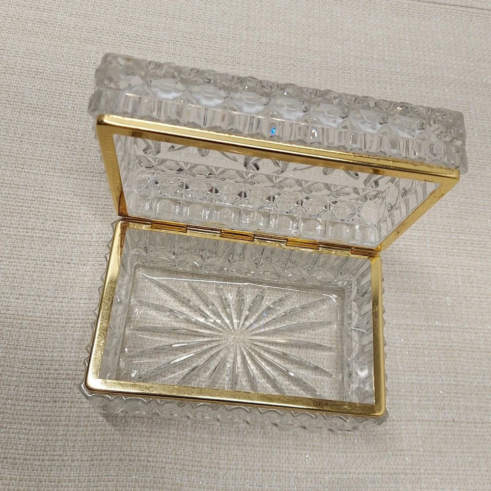 Vintage French Cut Lead Crystal Brass Vanity Jewelry Trinket Casket Box Hand Cut